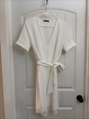 Zara Off-White V-Neck Midi Dress with Tie Belt